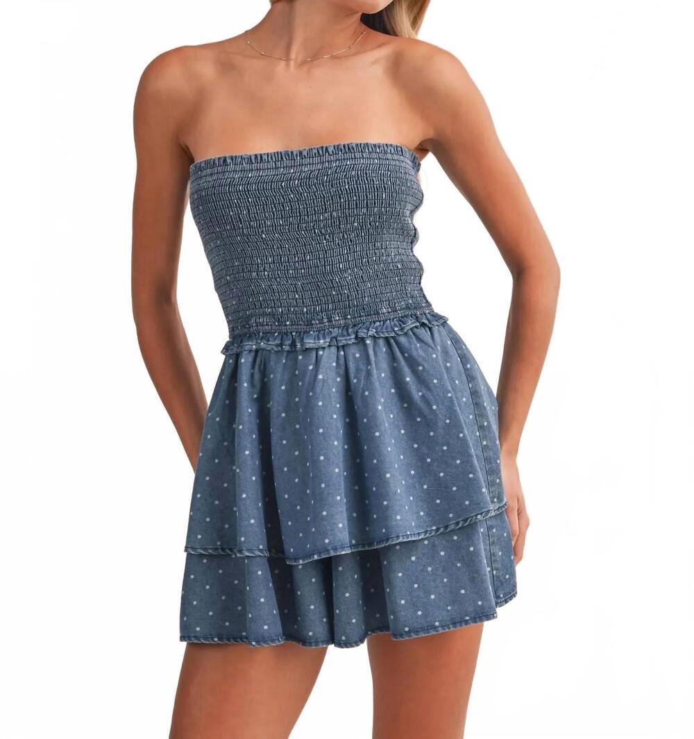 NEW KLESIS kinsley polkadot smocked ruffled romper in denim